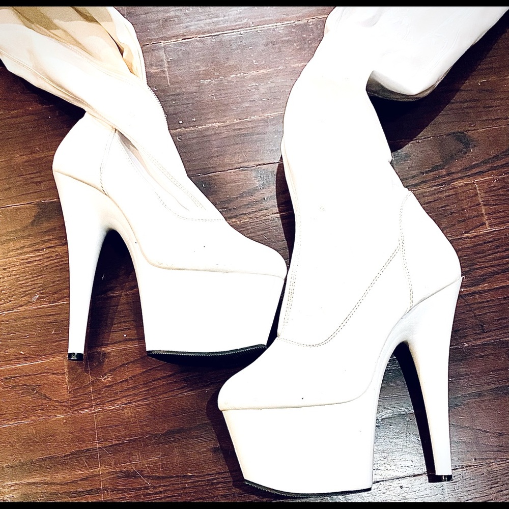 ADORE white thigh high boots by Pleaser Shoes